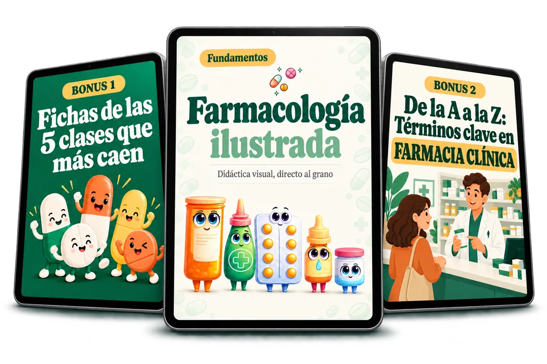 IMAGEN: mockup del pack completo de Farmacología ilustrada + 2 bonus — el PDF ilustrado abierto en una tablet y un celular, con algunas láminas impresas al lado