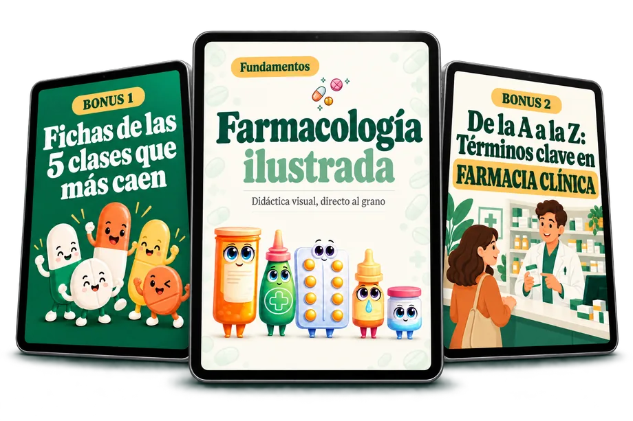 IMAGEN: mockup de la oferta — el pack completo de Farmacología ilustrada + 2 bonus con los 2 bonus, todo junto